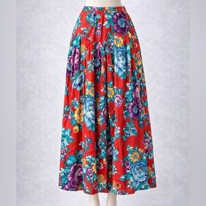Vintage 90s David N Floral Rayon Skirt Made in USA Button Detail Midi Size 12